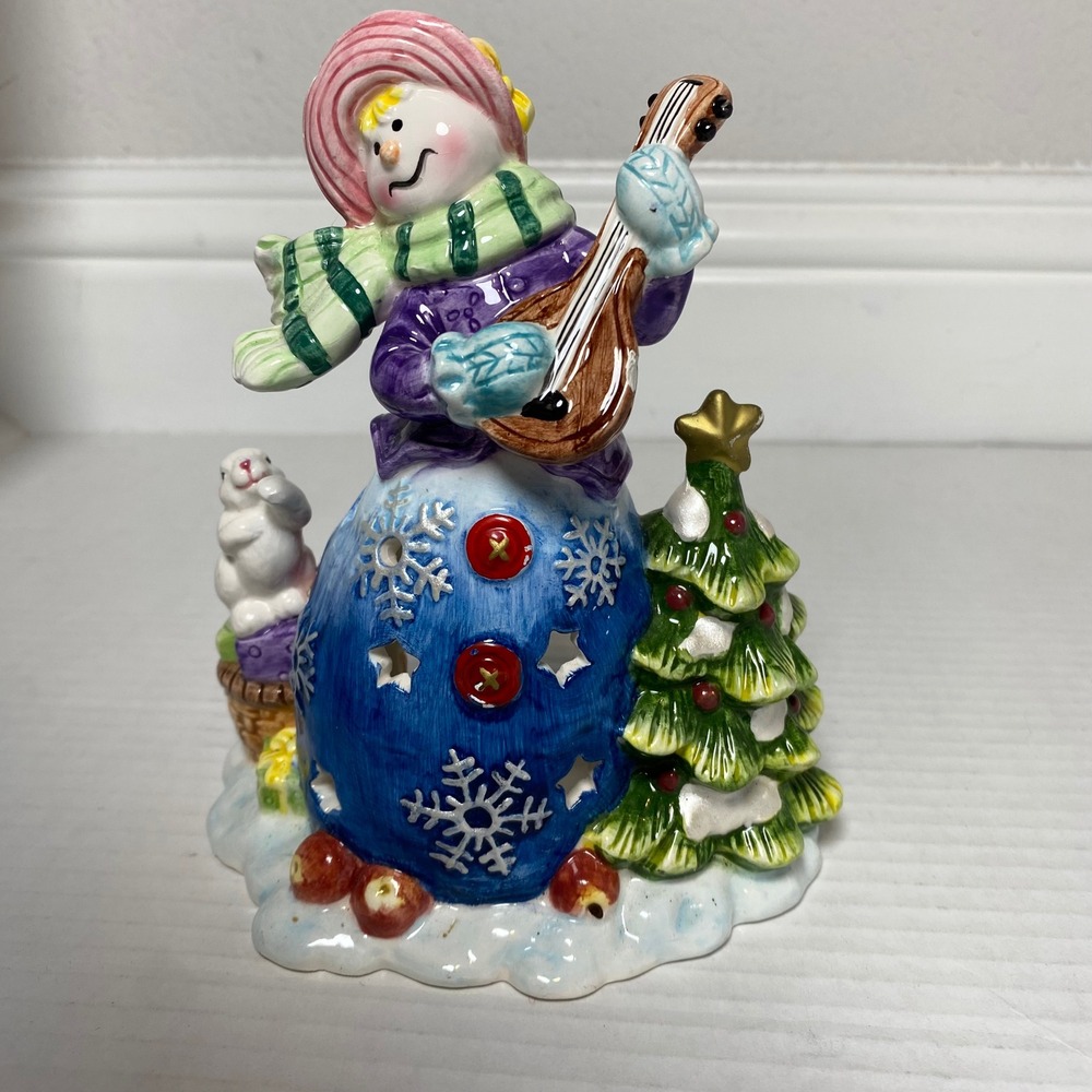 Ceramic Snowman Musician with‎ Tree and Bunny Christmas Decor Figurine